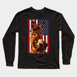 4th of july denkey on usa flag Long Sleeve T-Shirt